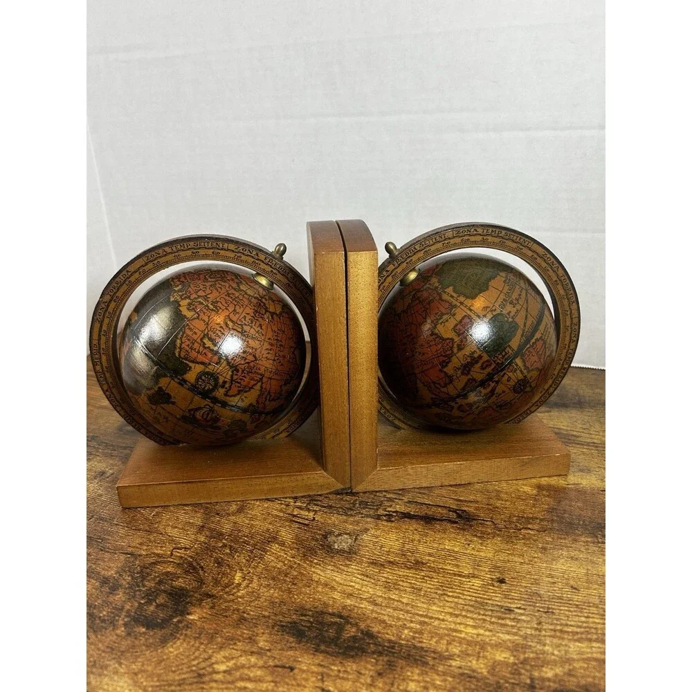 Vintage Italian Globe Bookends Wood Faux Antique Map Library Decor Made in Italy